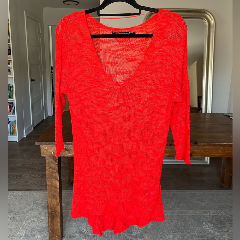 Zara Orange Red V-Neck Light Knit Tunic